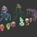 Colorful Small Figures And Purple Octopus Like Creatures With Pink Tops And Metal Structures