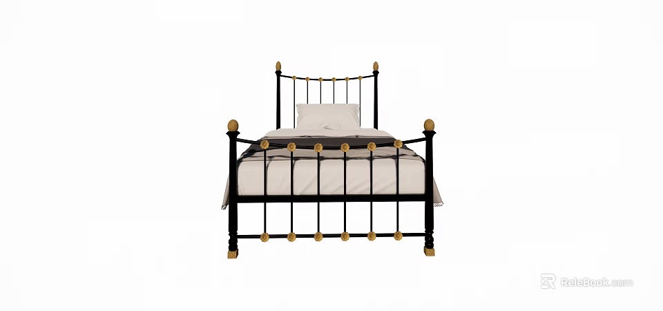 Stylish Single Bed with Black Metal Frame Gold Accents White Pillow and Bed Linen 3d model 