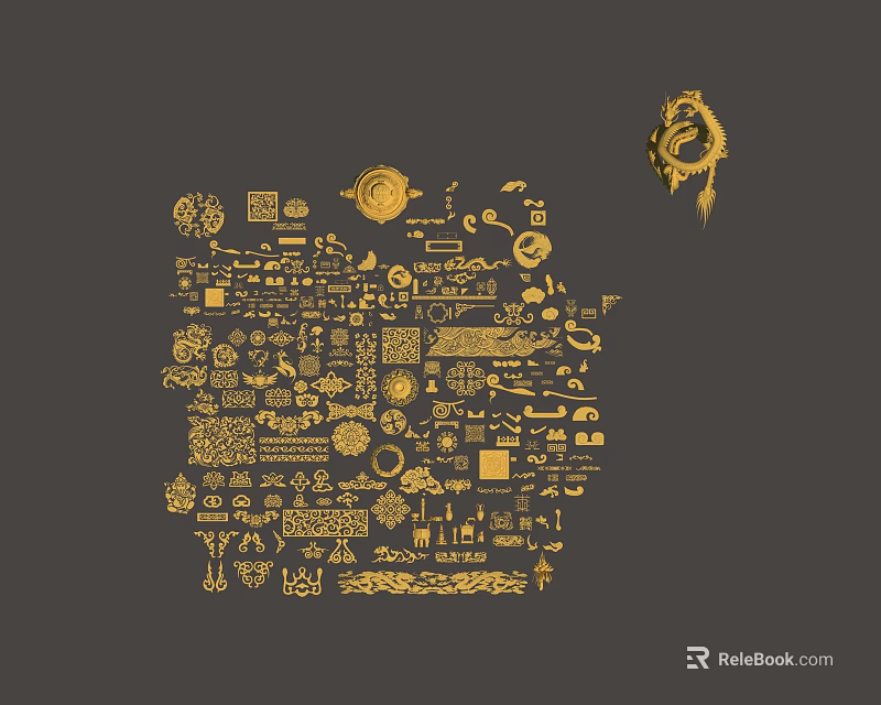 Golden Decorative Carvings With Various Intricate Patterns And Design Elements 3d model 