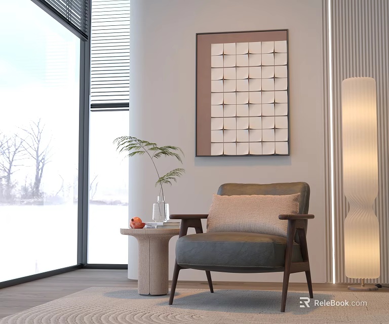 Modern Accent Chair In Room With Large Windows Snowy View Geometric Art And Floor Lamp 3d model 