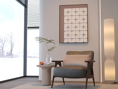 Modern Accent Chair In Room With Large Windows Snowy View Geometric Art And Floor Lamp 3d model