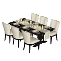 Modern Dining Table Set With Six White Chairs And Dinnerware Candles 3d model