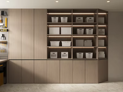 Modern Storage Space With Wooden Cabinets And White Bins On Layered Shelves 3d model