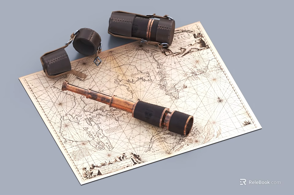 Vintage Commercial Equipment Display with Antique Map Telescope and Leather Cases 3d model 