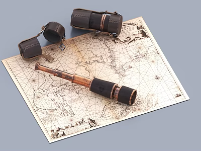 Vintage Commercial Equipment Display with Antique Map Telescope and Leather Cases 3d model