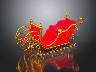 Red And Gold Decorative Sleigh With Curved Frame Red Seat Gold Lanterns And Reflection 3d model