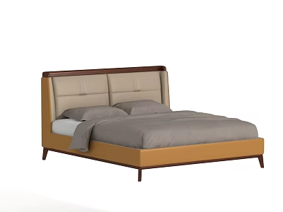 Modern Double Bed with Beige Upholstered Headboard Brown Wooden Frame Gray Pillows and Duvet 3d model