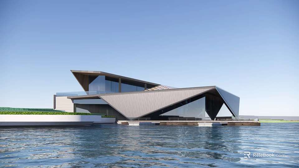 Modern Geometric Waterfront Building With Glass Curtain Wall Blue Sky And Water Surface 3d model 