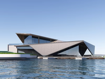 Modern Geometric Waterfront Building With Glass Curtain Wall Blue Sky And Water Surface 3d model