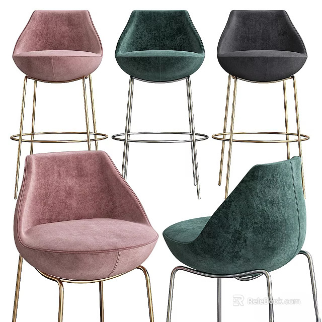 Stylish Velvet Bar Stools And Chairs With Pink Green Black Colors And Metal Legs 3d model 