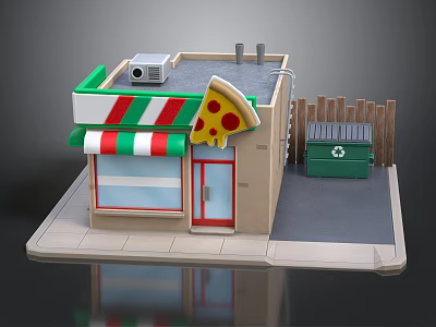 Small Pizza Shop Building With Green White Striped Awning Red Door And Roof Air Conditioner 3d model