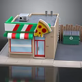 Small Pizza Shop Building With Green White Striped Awning Red Door And Roof Air Conditioner