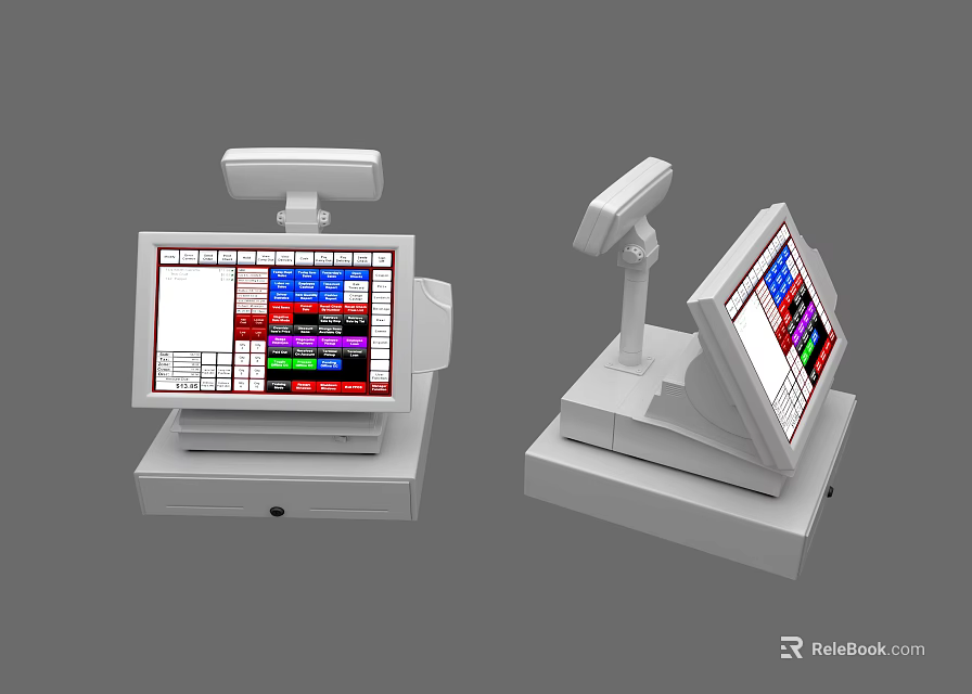 Dual Commercial POS Systems with Touchscreen Displays Barcode Scanners and Colorful Interface 3d model 
