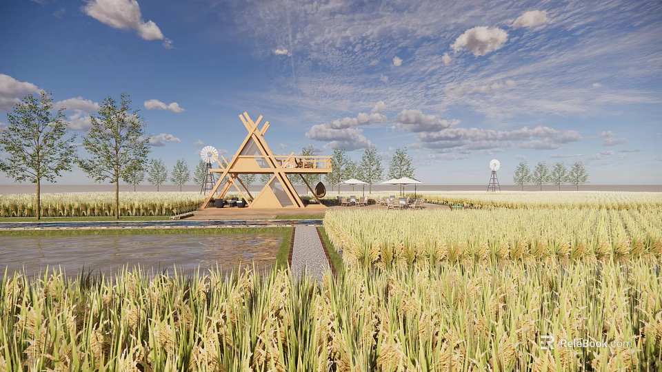 Rural Landscape With Golden Rice Fields Triangular Wooden Pavilion And Outdoor Seating 3d model 