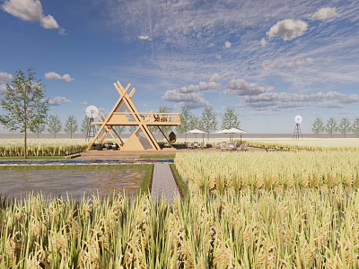 Rural Landscape With Golden Rice Fields Triangular Wooden Pavilion And Outdoor Seating 3d model