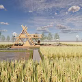 Rural Landscape With Golden Rice Fields Triangular Wooden Pavilion And Outdoor Seating