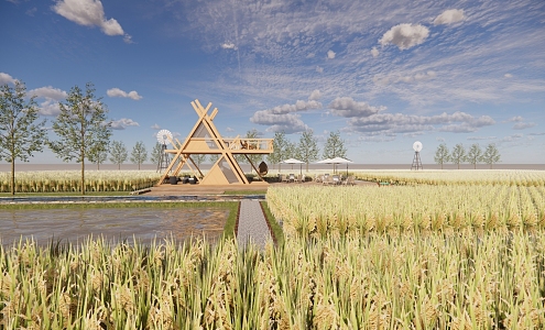 Modern paddy rural agricultural landscape 3d model