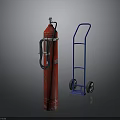 Blue Industrial Handcart Standing Next To Red Gas Cylinder On Dark Surface