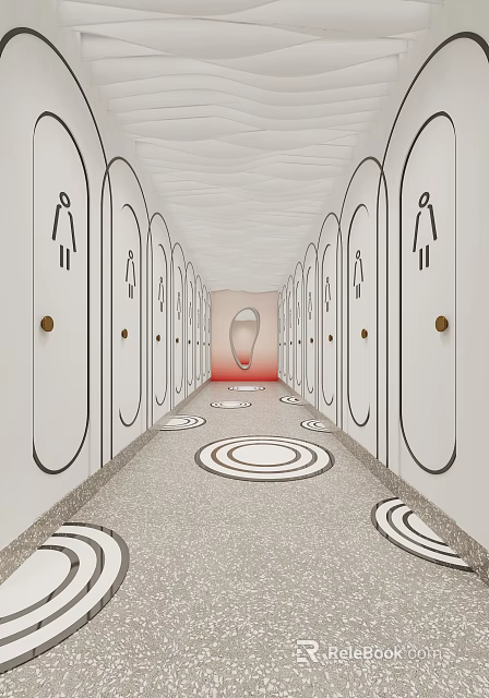 Modern Public Restroom Corridor With Circular Patterns 3d model
