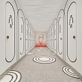 Modern Public Restroom Corridor With Circular Patterns 3d model