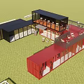 Modern Black Red Container Building With Open Layout And Green Lawn 3d model