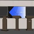 Three Wooden Podiums with Blue Patterned Large Screen in Conference Room