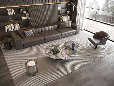 Modern Living Room With Leather Sofa And Marble Coffee Table Set And Cushions 3d model