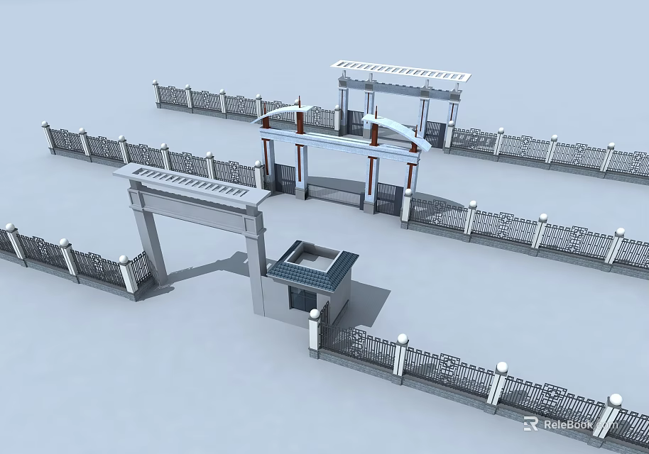Entrance Gate Design With Surrounding Fence And Pergola Structure Elements 3d model