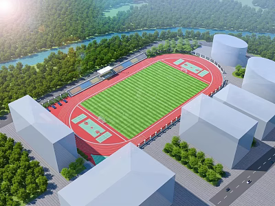 Football Stadium With Green Turf Red Track Surrounded By Trees And River View 3d model