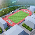 Football Stadium With Green Turf Red Track Surrounded By Trees And River View