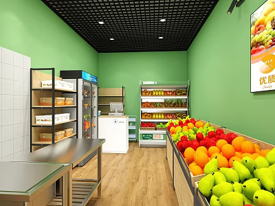 Fresh Fruit Store With Green Walls Wooden Flooring And Various Fruit Displays 3d model
