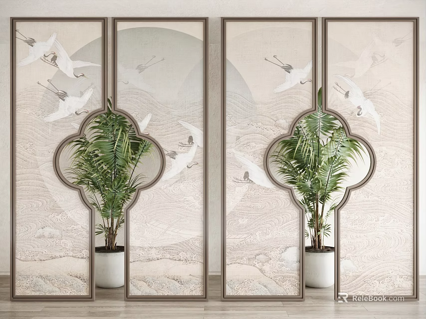 Traditional Chinese Style Screen With Crane Patterns And Potted Plants 3d model 