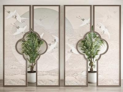 Traditional Chinese Style Screen With Crane Patterns And Potted Plants 3d model