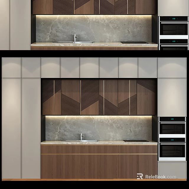 Modern Kitchen Interior With Marble Countertop Built in Appliances And Stylish Cabinets 3d model 