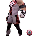 Game Movie Character in Red White Outfit With Wrist Guards and Shorts
