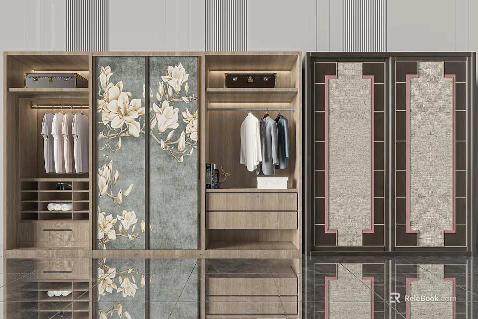 Elegant Wooden Wardrobe With Magnolia Pattern Mirror Doors And Storage Compartments 3d model 