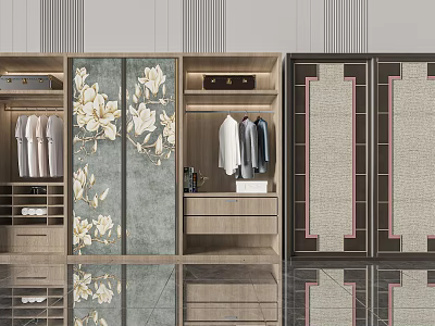 Elegant Wooden Wardrobe With Magnolia Pattern Mirror Doors And Storage Compartments 3d model