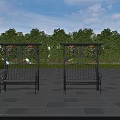 Outdoor Pergola With Bench And Hanging Purple Flowers Surrounded By Green Trees