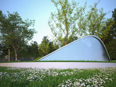 Scenic Garden Landscape Featuring Blue Curved Structure Green Trees and White Flower Meadow 3d model