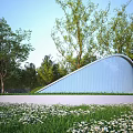 Scenic Garden Landscape Featuring Blue Curved Structure Green Trees and White Flower Meadow