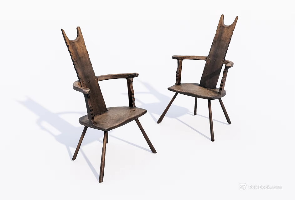 Two Wooden Leisure Chairs Vintage Style With Armrests Unique Backrest Design And Natural Wood Finish 3d model 