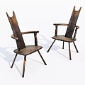 Two Wooden Leisure Chairs Vintage Style With Armrests Unique Backrest Design And Natural Wood Finish