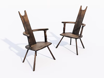 Two Wooden Leisure Chairs Vintage Style With Armrests Unique Backrest Design And Natural Wood Finish 3d model