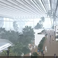 Modern Station Interior With Glass Roof Lush Plants Palm Trees Train And People Walking