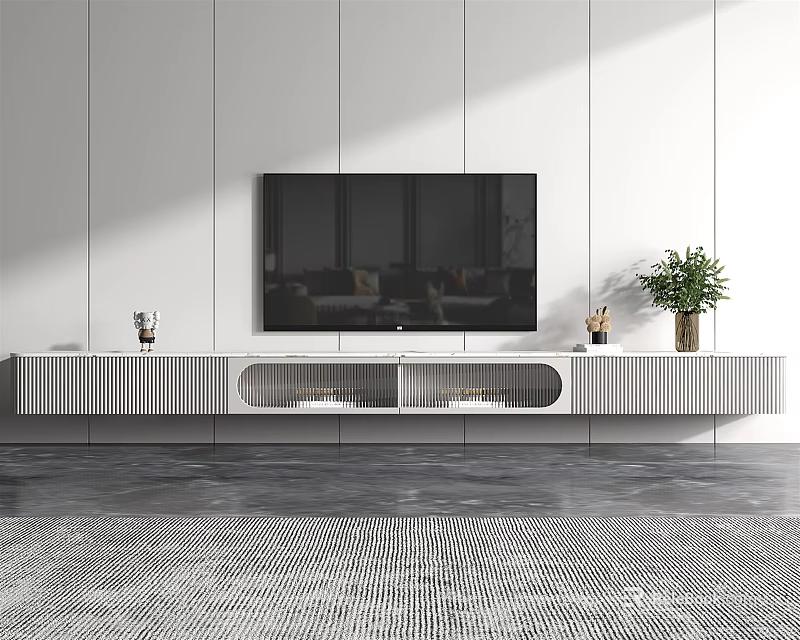Modern Sleek TV Stand Design With TV Decorative Items And Potted Plant Against White Wall 3d model 