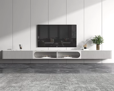 Modern Sleek TV Stand Design With TV Decorative Items And Potted Plant Against White Wall 3d model