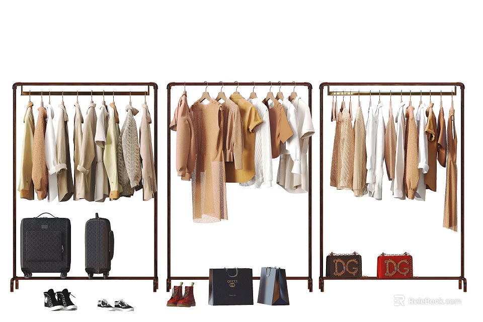 Stylish Clothes Display On Racks With Bags And Shoes 3d model 