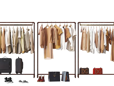 Stylish Clothes Display On Racks With Bags And Shoes 3d model