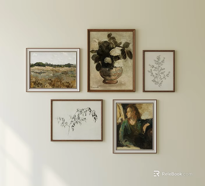 Photo Wall Featuring Landscape Painting Floral Still Life Plant Sketch And Portrait On Neutral Wall 3d model 