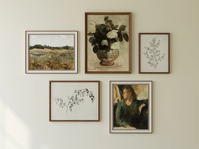 Photo Wall Featuring Landscape Painting Floral Still Life Plant Sketch And Portrait On Neutral Wall 3d model